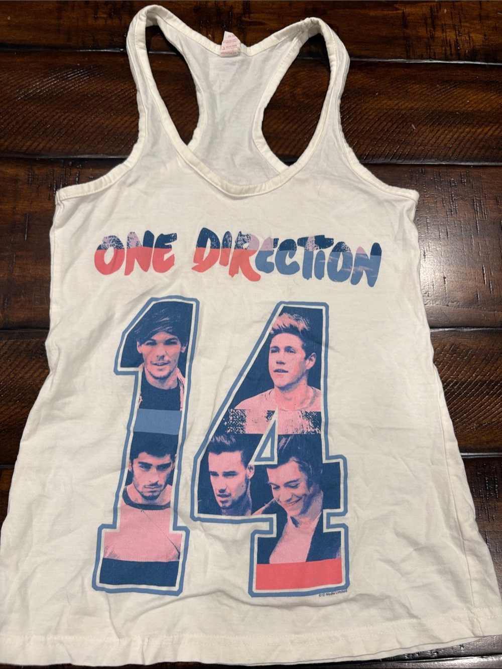 Heritage White One Direction 2014 Tour Graphic Tank Top with Pink and Blue Print